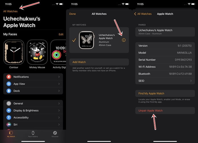Remove activation lock on Apple Watch by unpairing from the Watch app