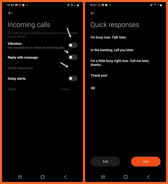 Enable incoming calls and customize quick replies