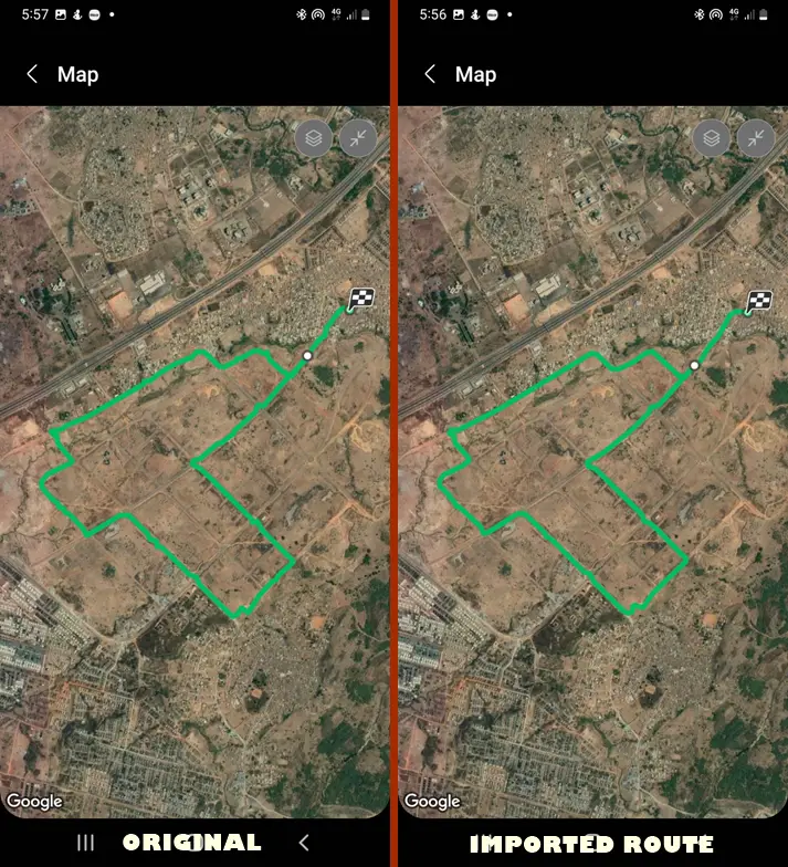 original vs imported route on Galaxy Watch 5 Pro